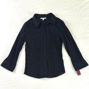 2000s‎ NWT JM Collection Black Fitted Floral Pleated Blouse Sequins Sz 8 Y2K Alt